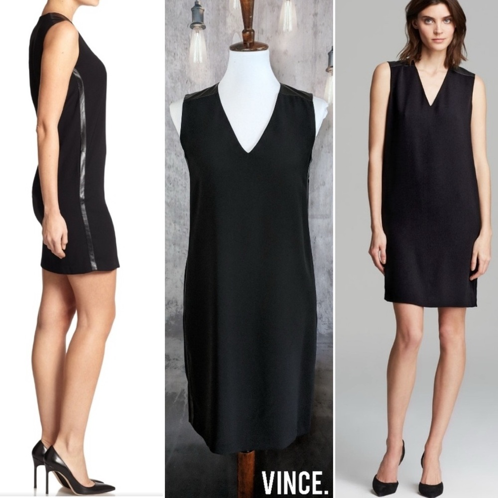 Vince Womens V‎ Neck Leather Trim Sleeveless Shift Black Size 0 Pockets